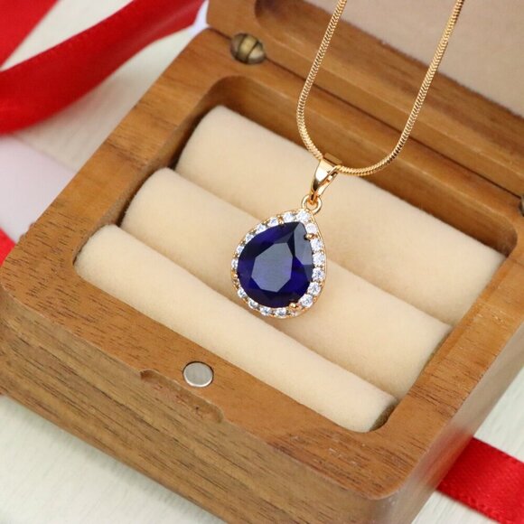 "Teardrop Deep Blue Pendant with Crystal Halo in Rose Gold Finish, XPPT1617 - Picture 7 of 13